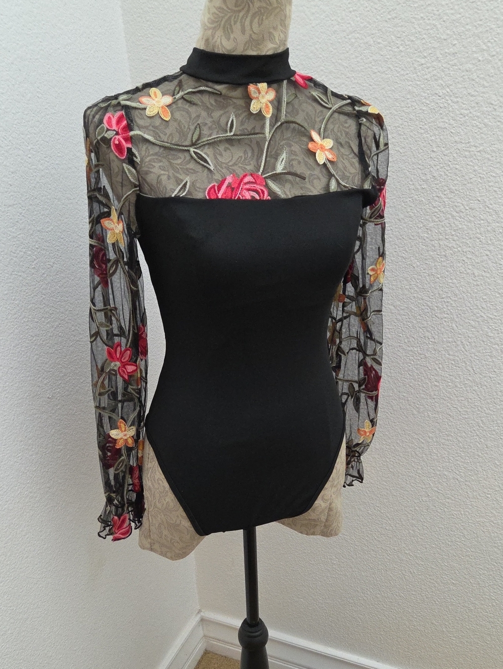 SHEIN Black Bodysuit with Multicolor Embroidered Mesh Sleeves